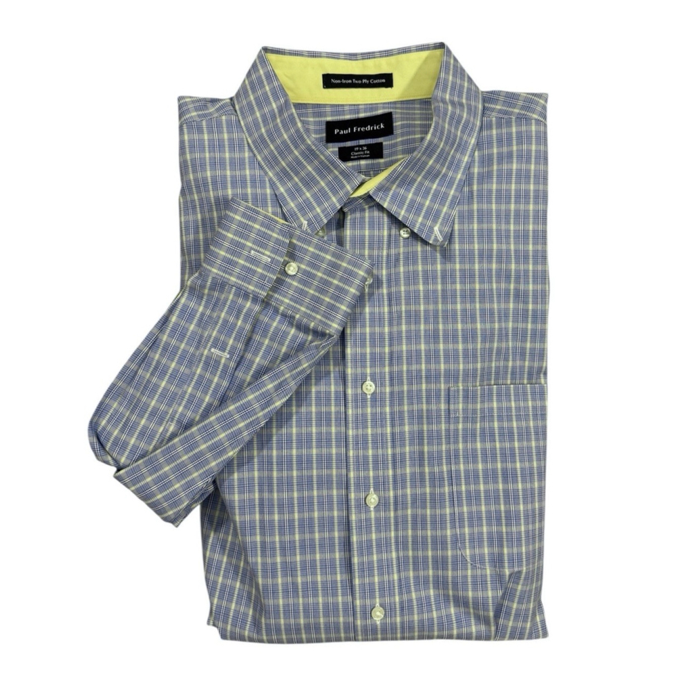 Paul Fredrick Classic Fit Dress Shirt 19x36 Men’s Cotton Yellow Blue Checked